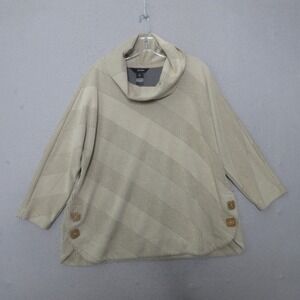 Ali Miles Top Large Beige Striped Cowl Neck Button Neutral Art to Wear Lagenlook